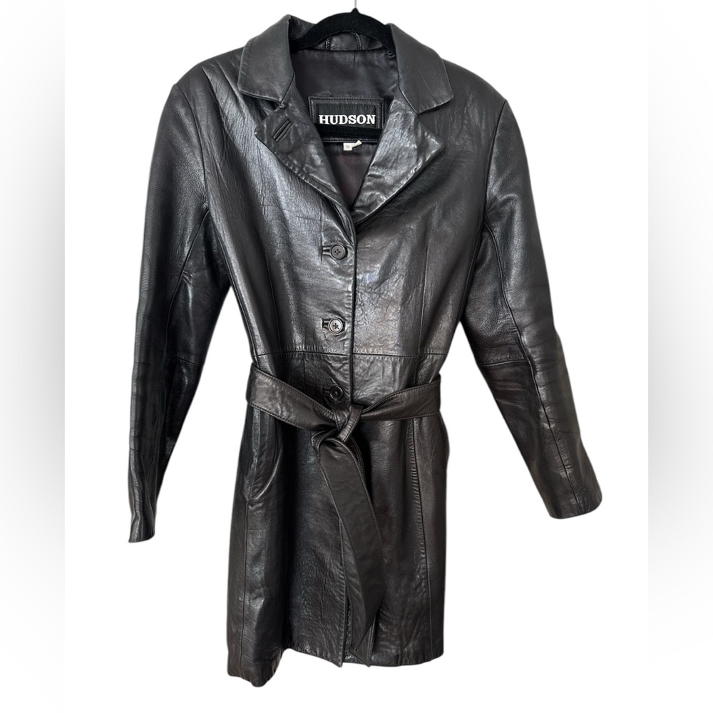 Vintage Black Leather Short Belted Trench Coat